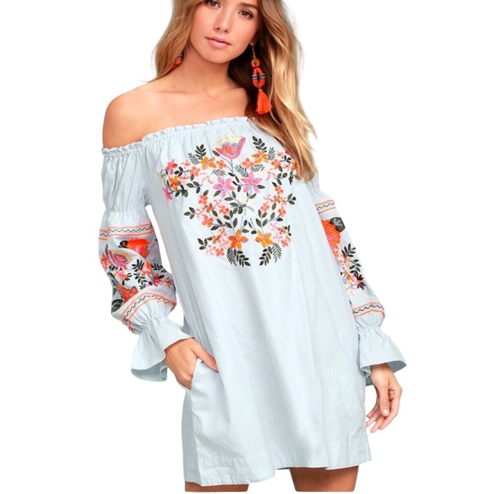Free People Fleur Du Jour Mini Dress Womens Sm Blue Off Shoulder Boho Excellent